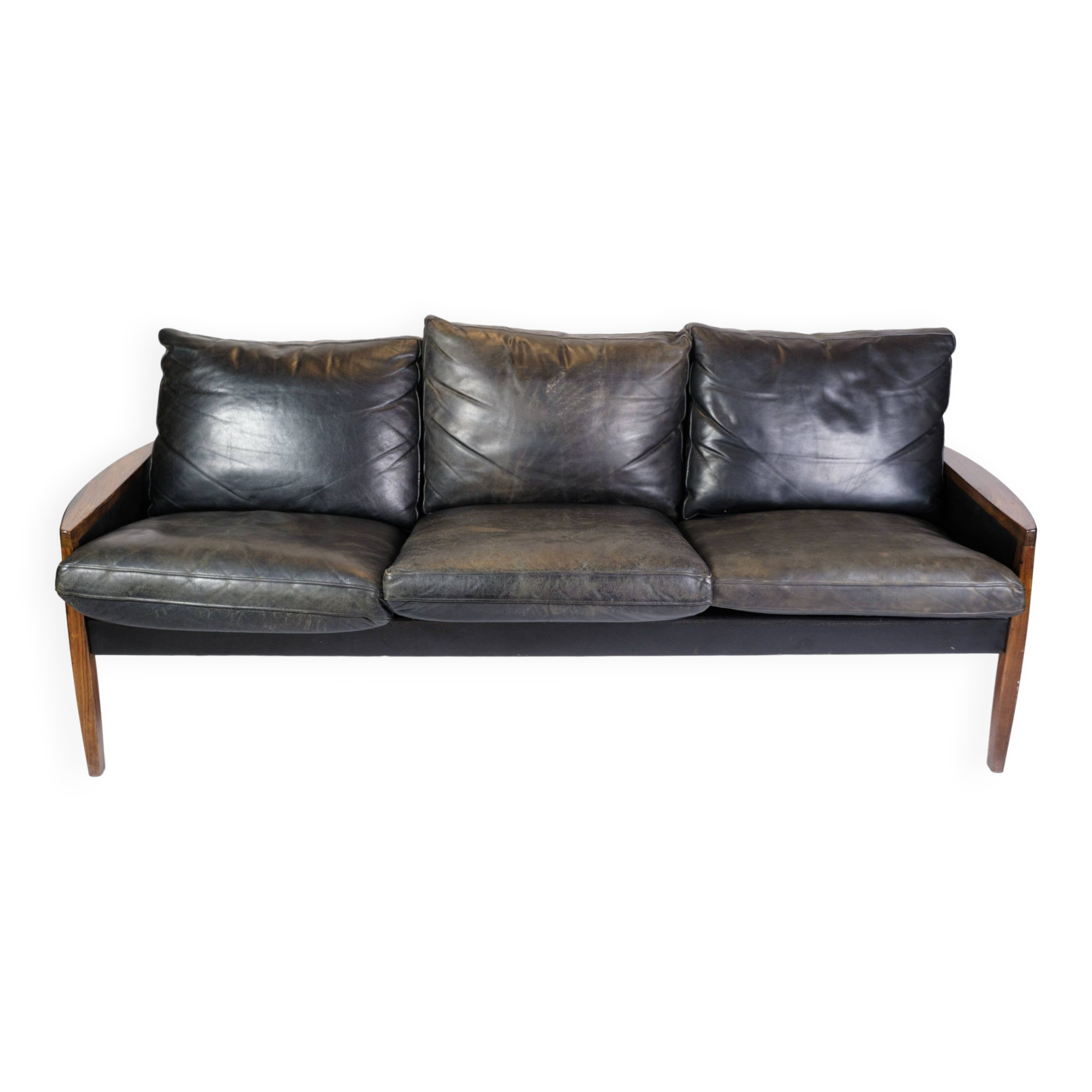 3. Pers Sofa Made In Rosewood & Black Leather Cushions By Hans Olsen From 1960s