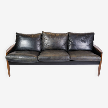 3. Pers Sofa Made In Rosewood & Black Leather Cushions By Hans Olsen From 1960s