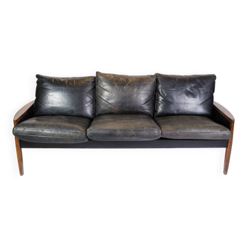 3. Pers Sofa Made In Rosewood & Black Leather Cushions By Hans Olsen From 1960s