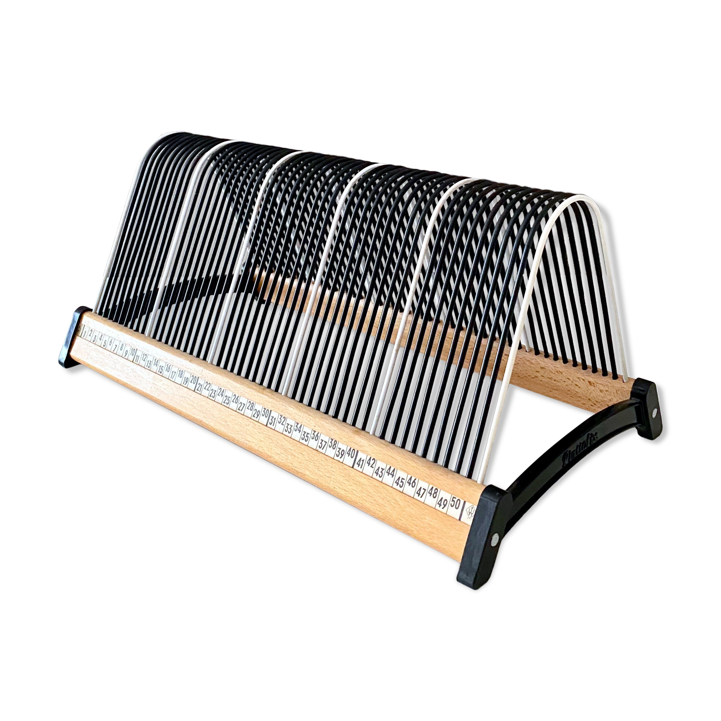 Vintage record stand, vinyl record holder, Plattofix Germany, Black White, 50 records