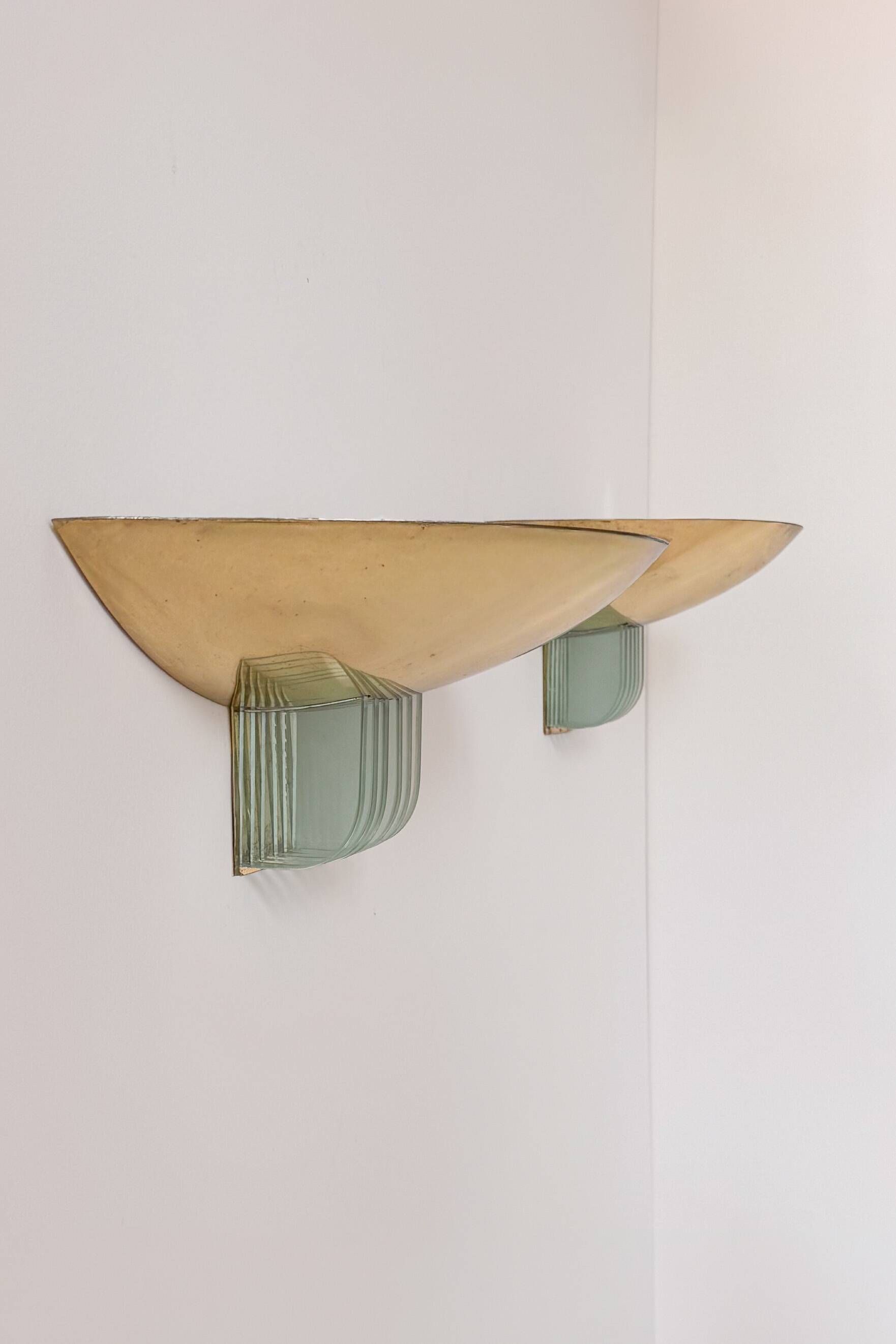 Pair of vintage brass and glass wall lights, France 1970.
