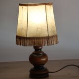 Vintage Italian table lamp in turned wood and leather lampshade