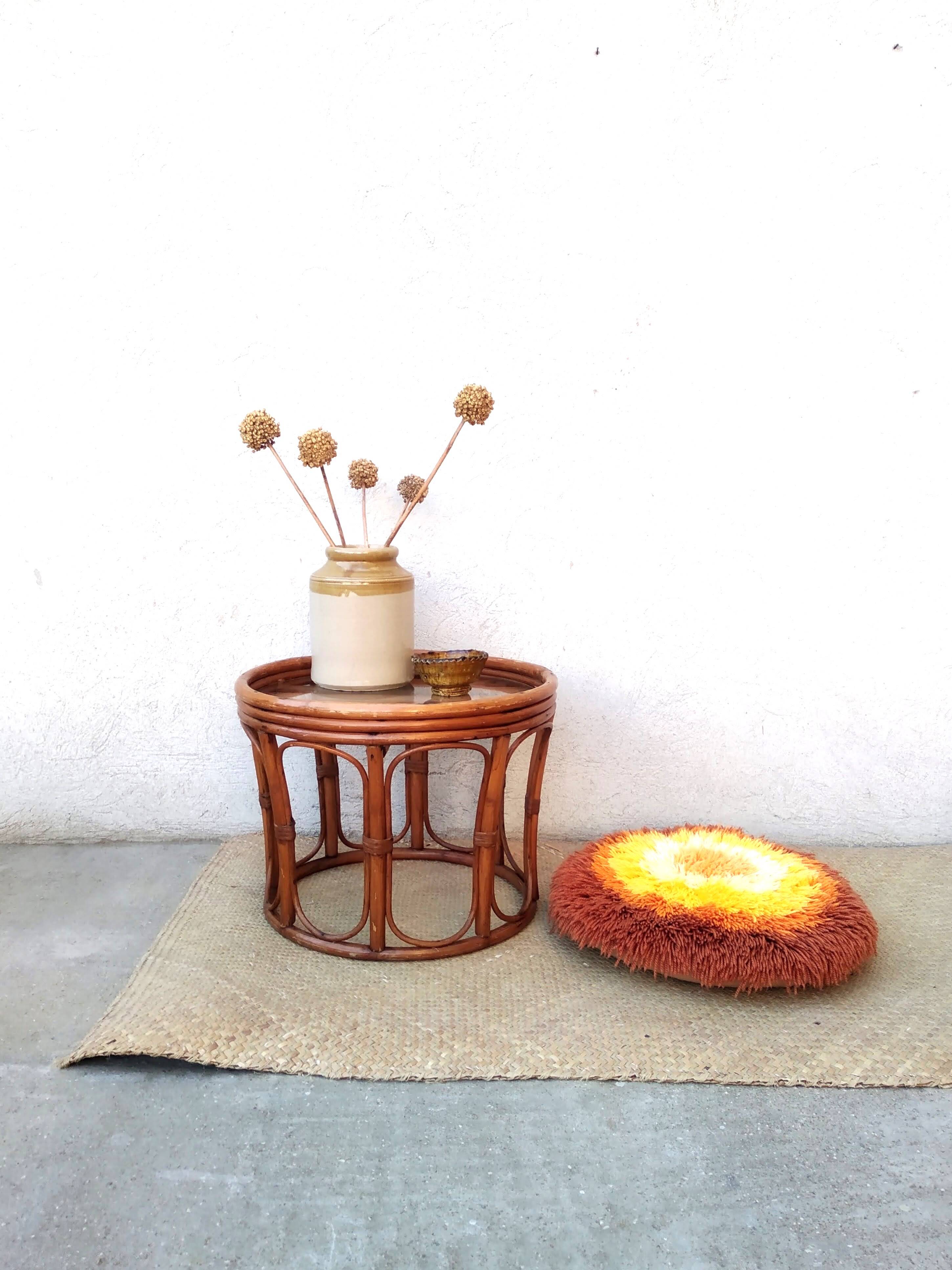 Table tabouret en rotin et verre vintage