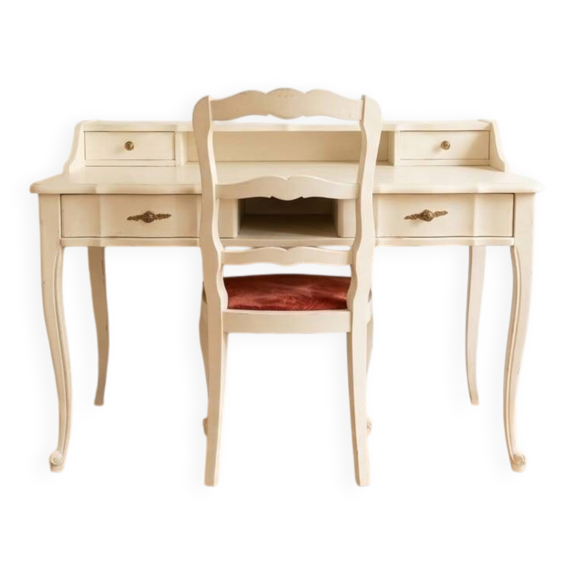 Ensemble bureau secrétaire rétro et sa chaise en bois beige