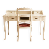 Ensemble bureau secrétaire rétro et sa chaise en bois beige