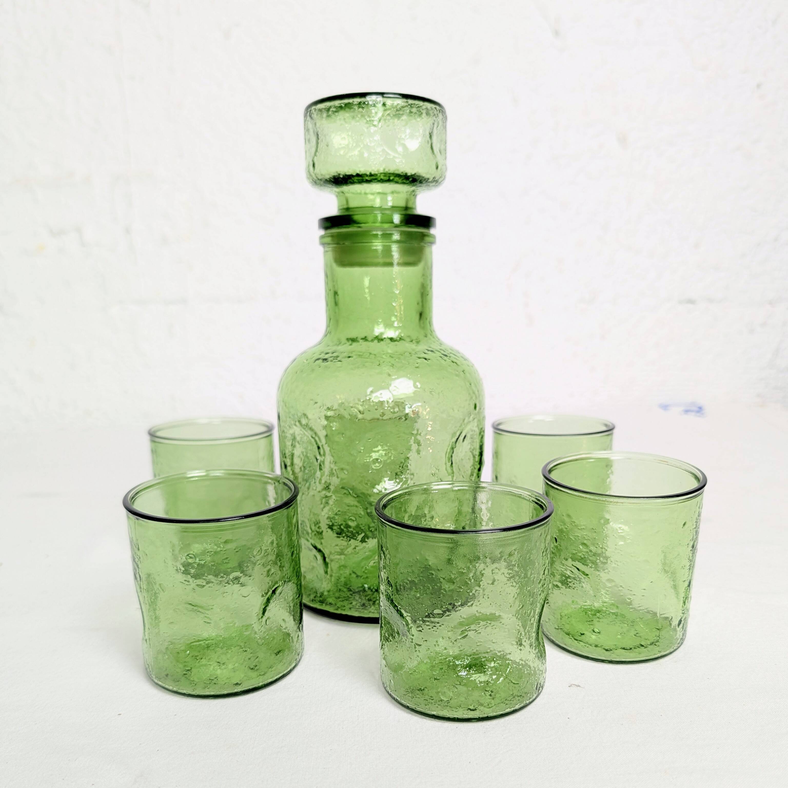 Service à orangeade en verre bullé vert — carafe et 6 verres