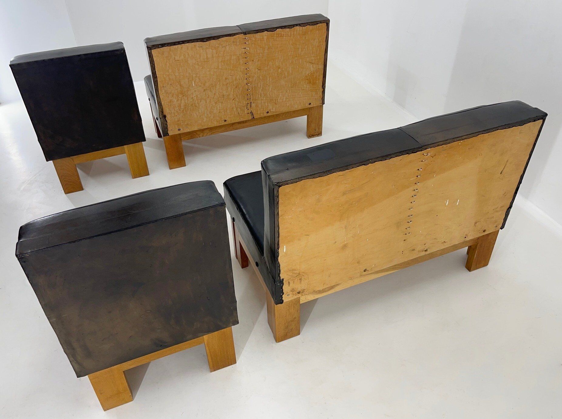 Leather & Oak Wood Modular Sofa and Chairs, 1970's