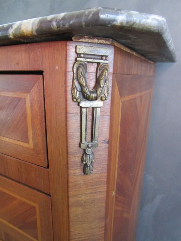 Meuble semainier ancien en bois marqueté et ornements bronze