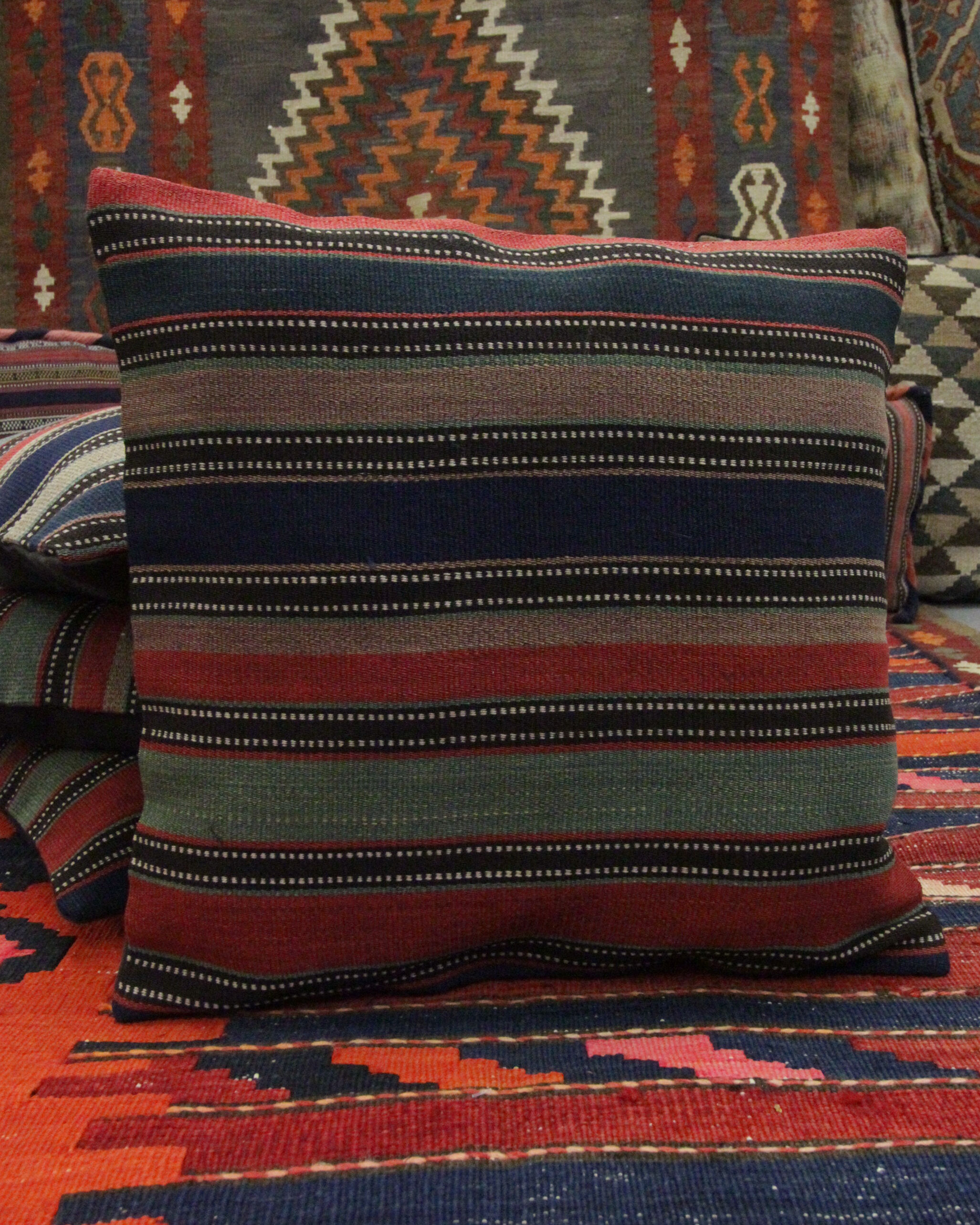 Striped Wool Kilim Pillow Cover, Handwoven Traditional Scatter Cushion- 39x39cm