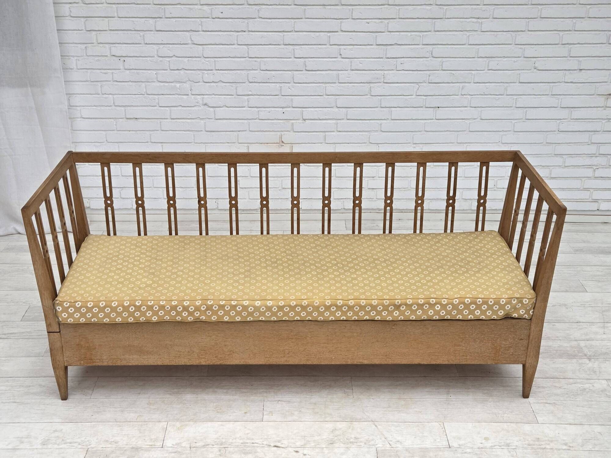 1970s, Swedish drop arm sofa/daybed, furniture fabric, oak wood.