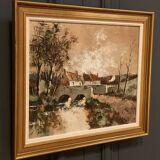 Oil on canvas cottages at the water's edge by Claude Mourier 1980