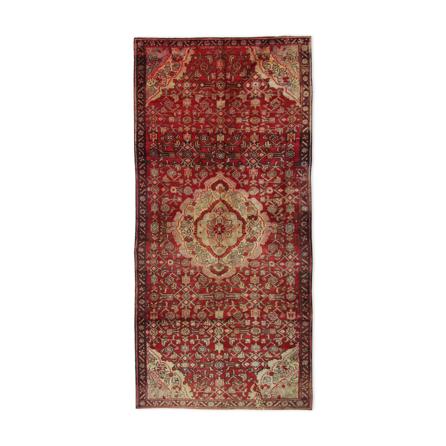 Red cream floral design runner rug long handmade oriental wool carpet 130x273cm
