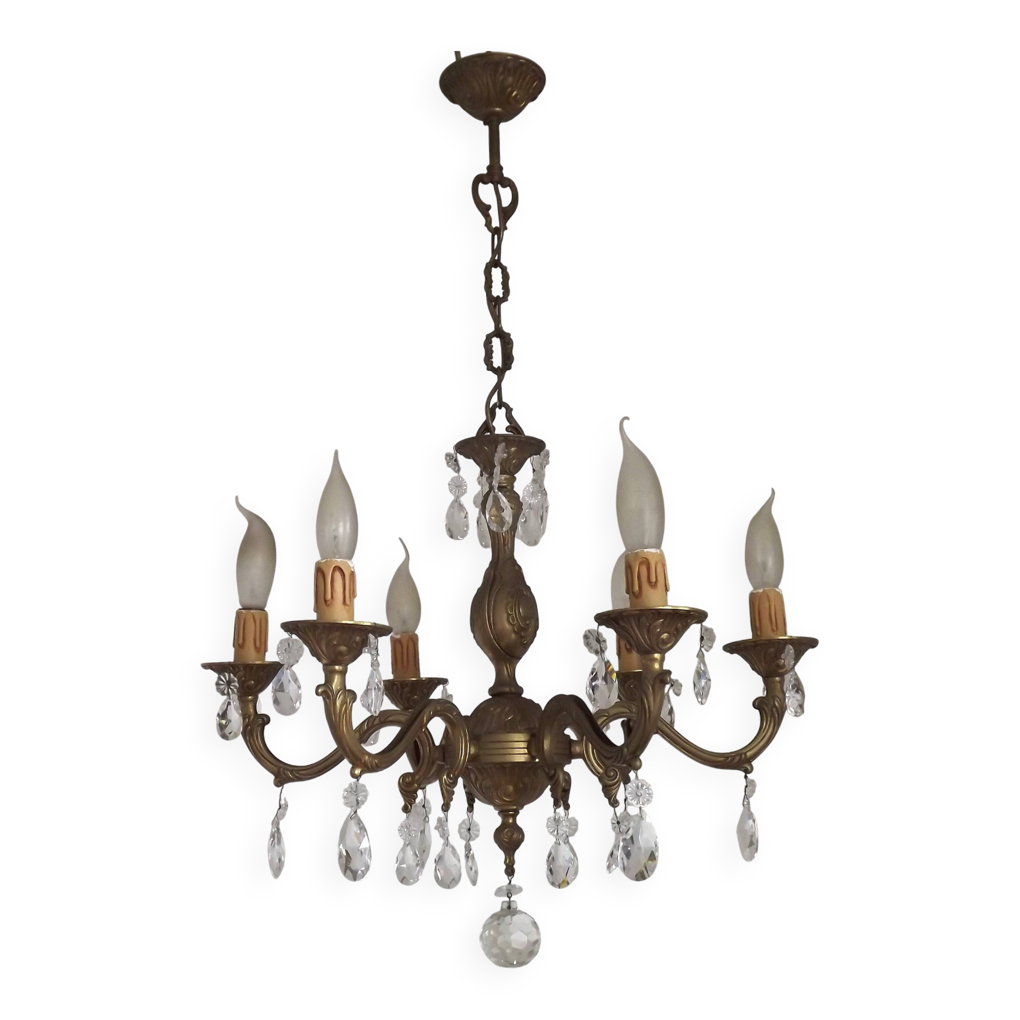 French Mid-Century Bronze 6-Light Chandelier with Crystal Droplets 5491