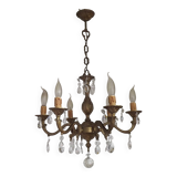 French Mid-Century Bronze 6-Light Chandelier with Crystal Droplets 5491