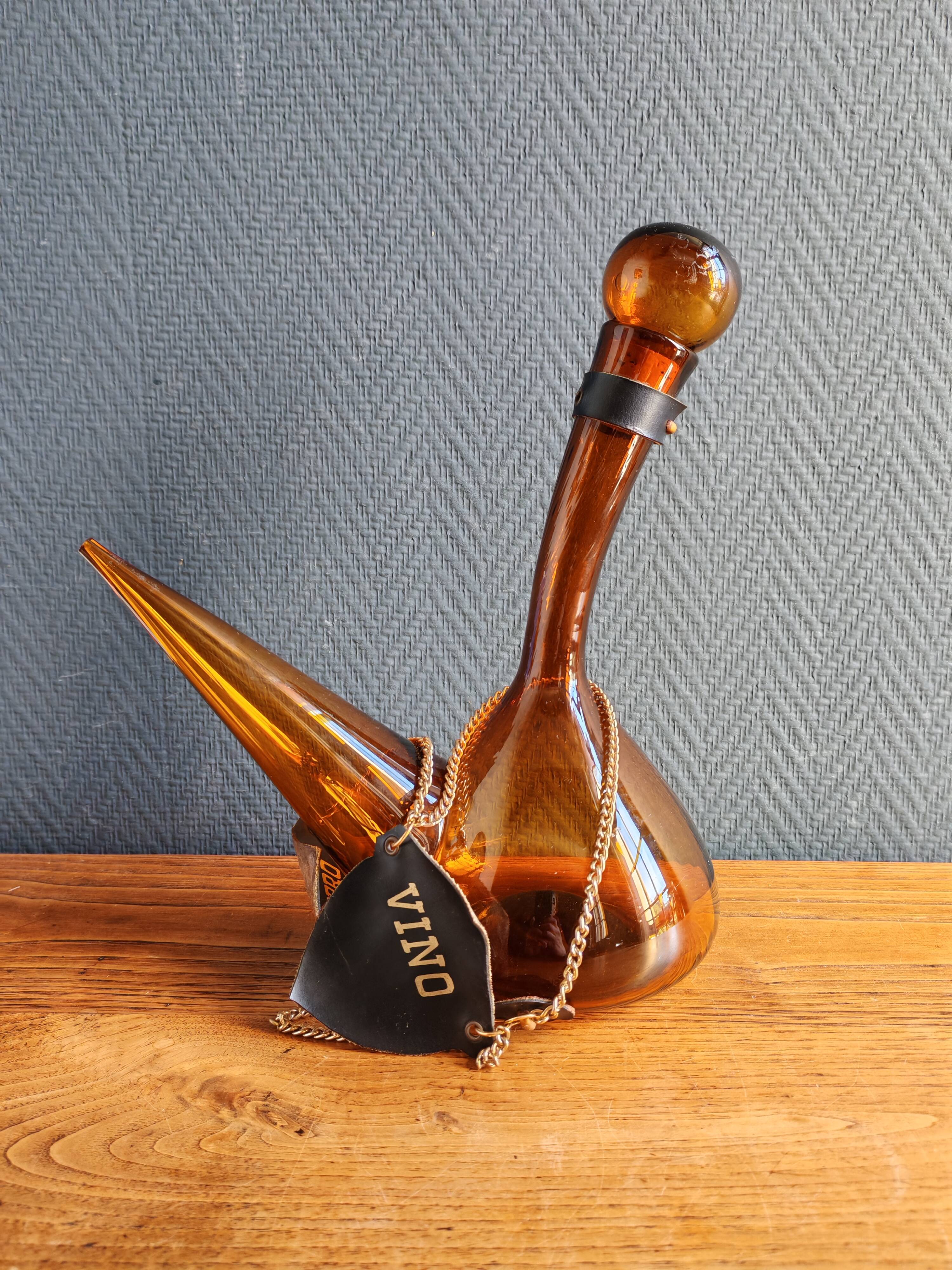 Vintage Amber Glass Wine Carafe - Artisan Decanter in Porron Style