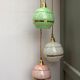 Suspension cascade three lights vintage globes in clichy glass pink white and green