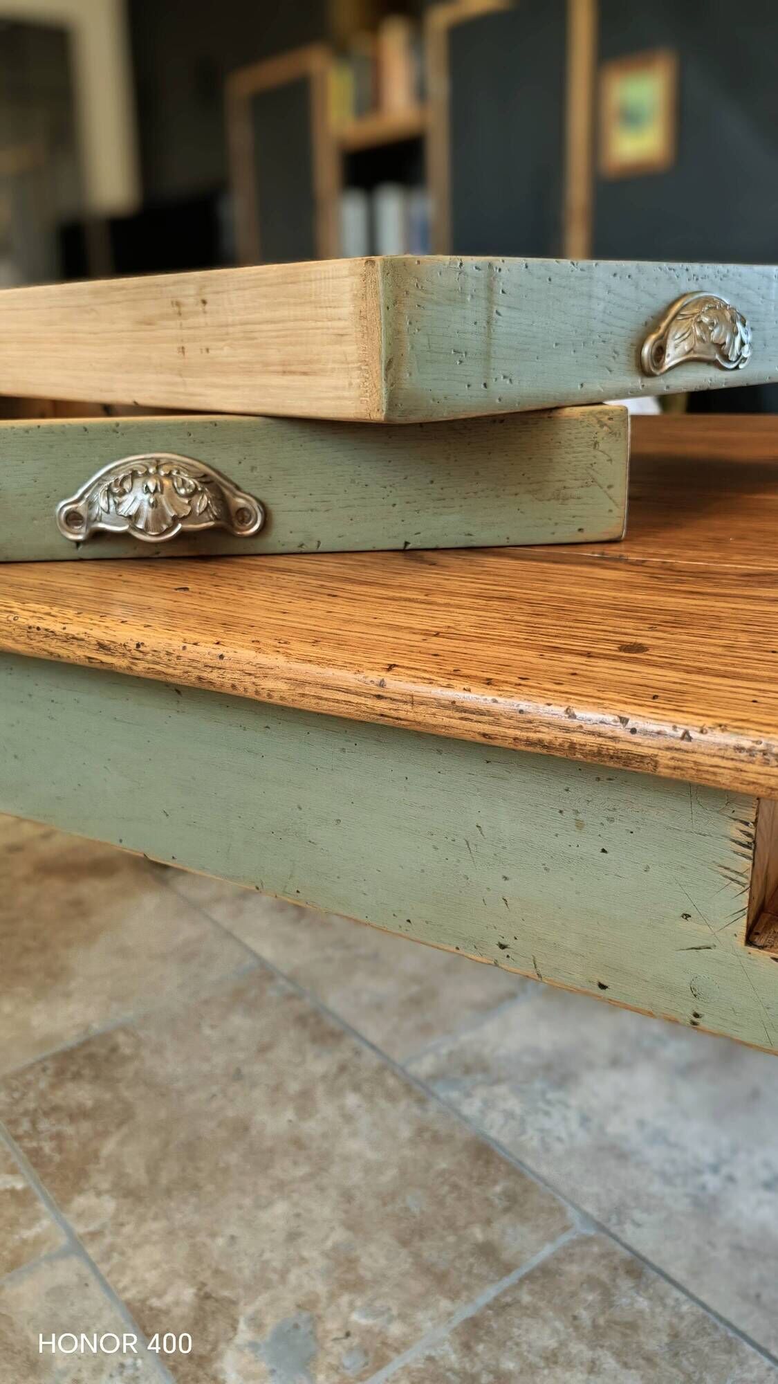 Solid oak farmhouse table with two drawers and two extensions, 306 cm.