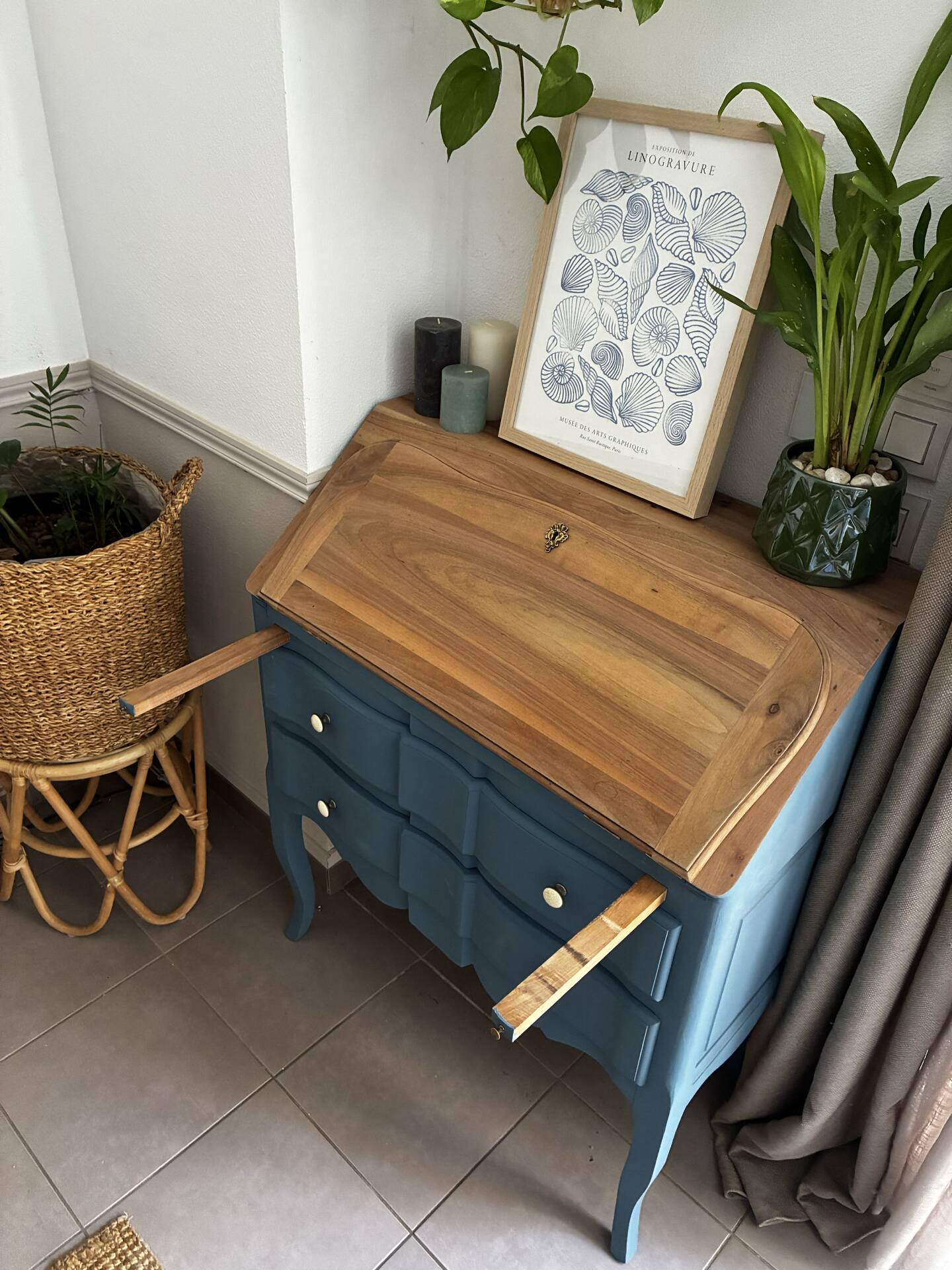 Restored antique drop-leaf secretary – natural wood & Night Blue