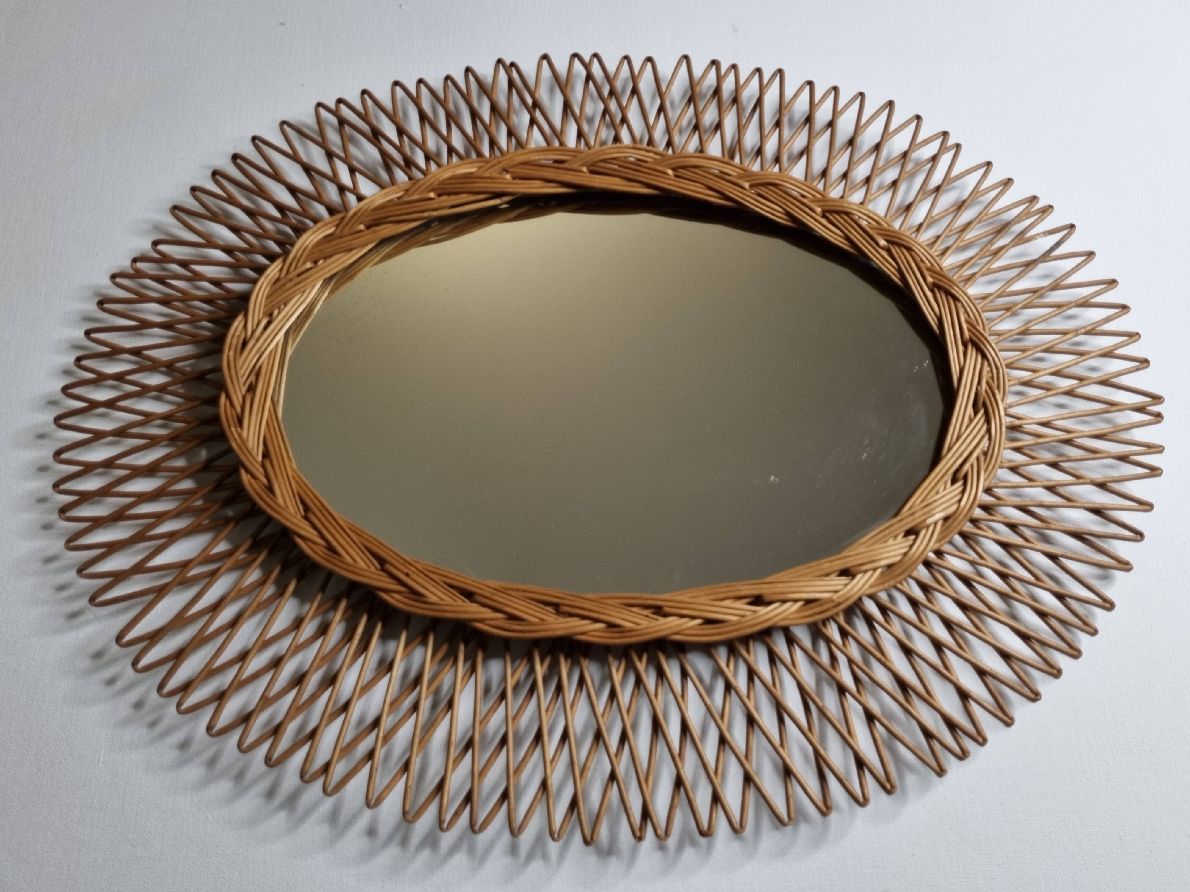 Original vintage rattan mirror, oval shape, 70 cm