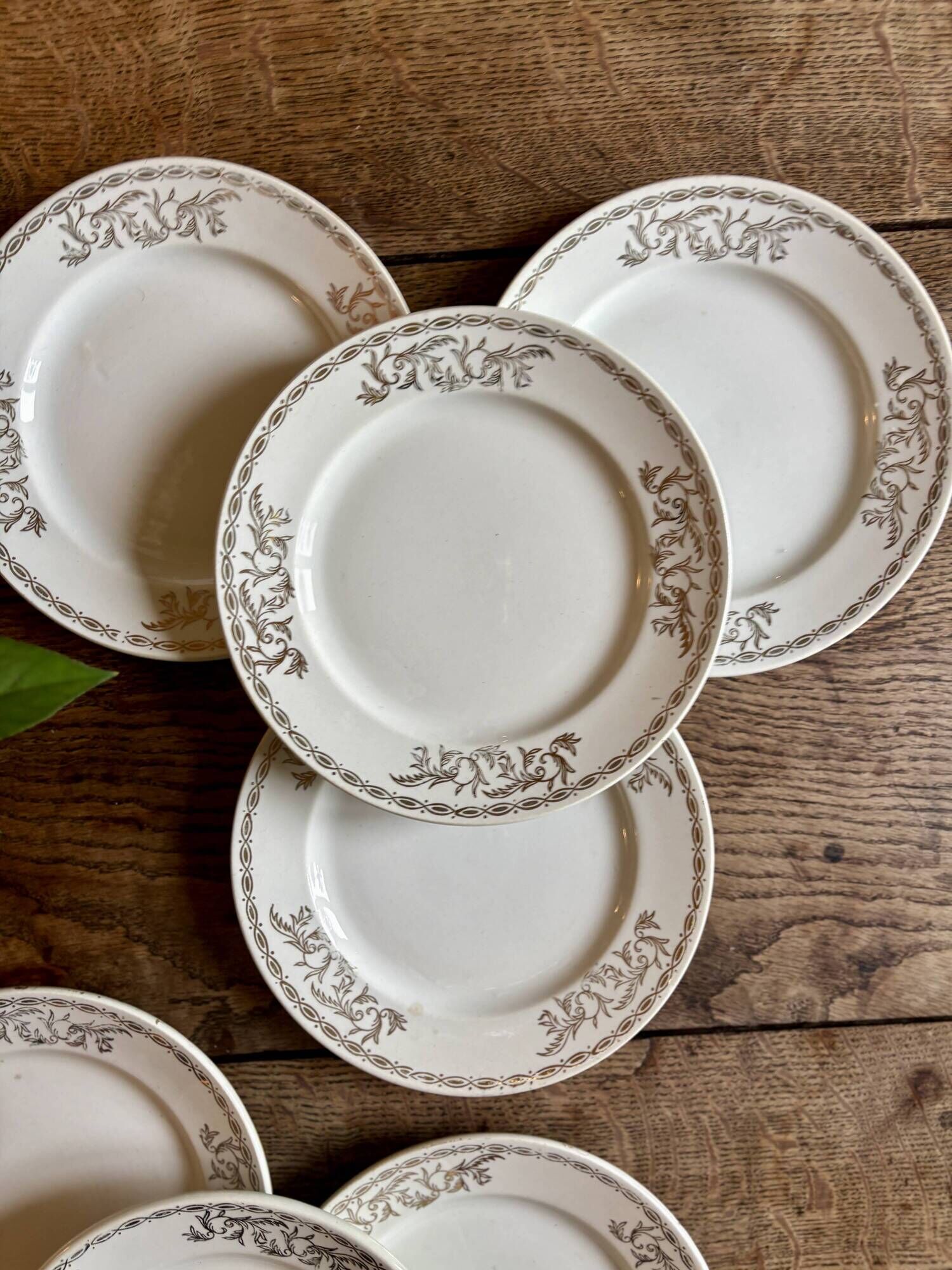 Set of 8 vintage white and gold dessert plates.