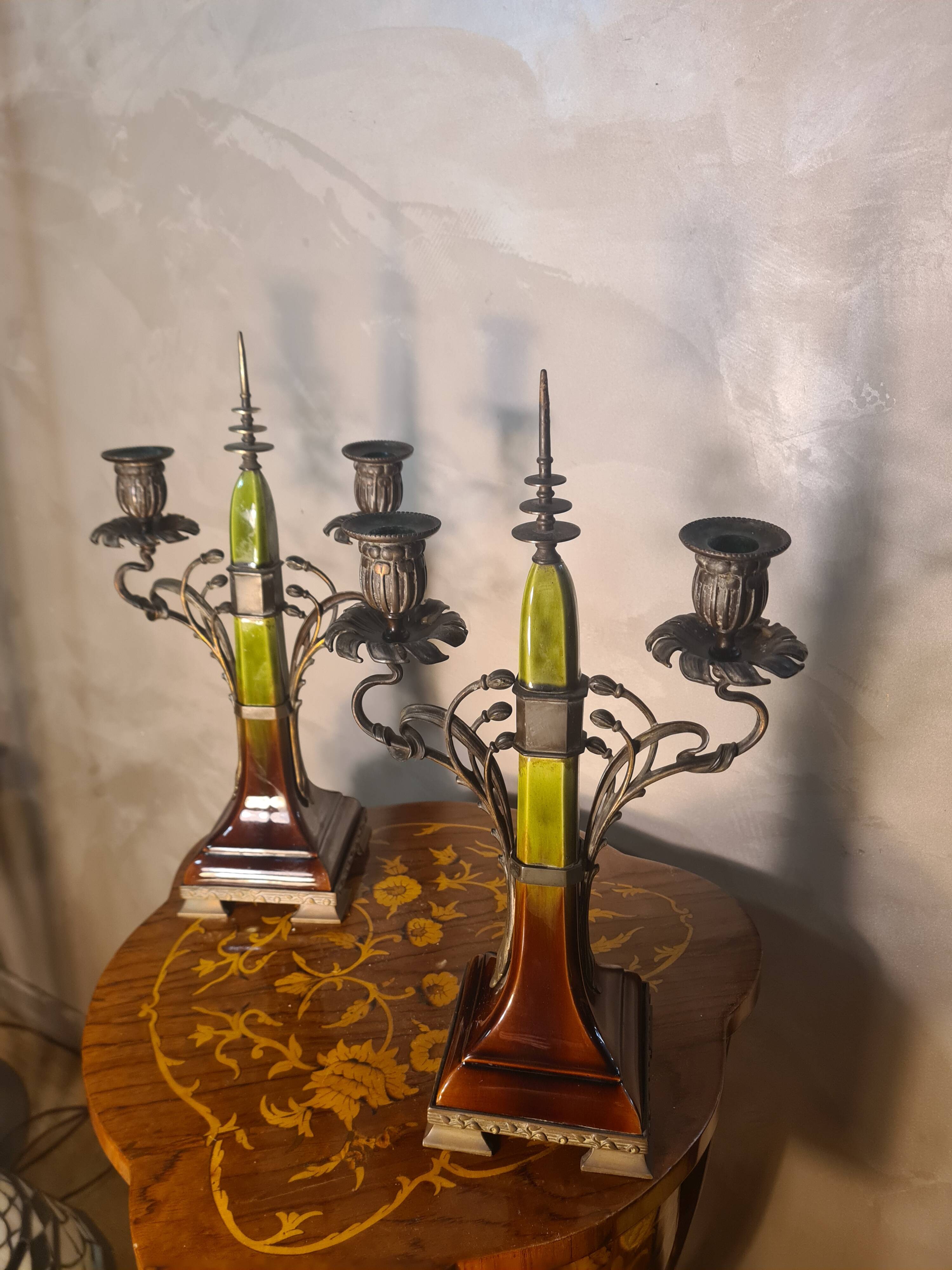 pair of antique Austrian bronze candlesticks, Art Nouveau style,