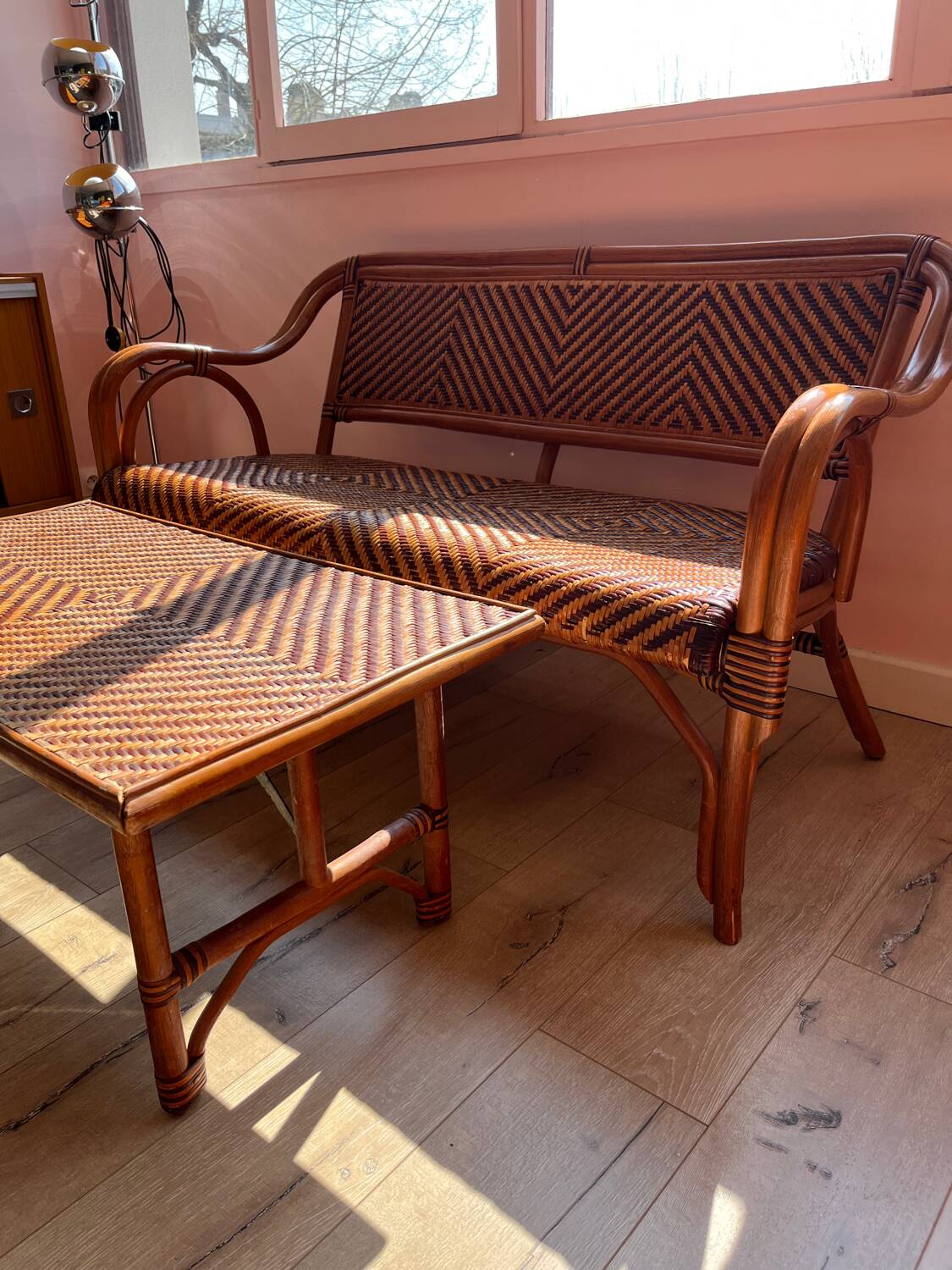 Ensemble canapé table rotin vintage 70 Riviera bohème