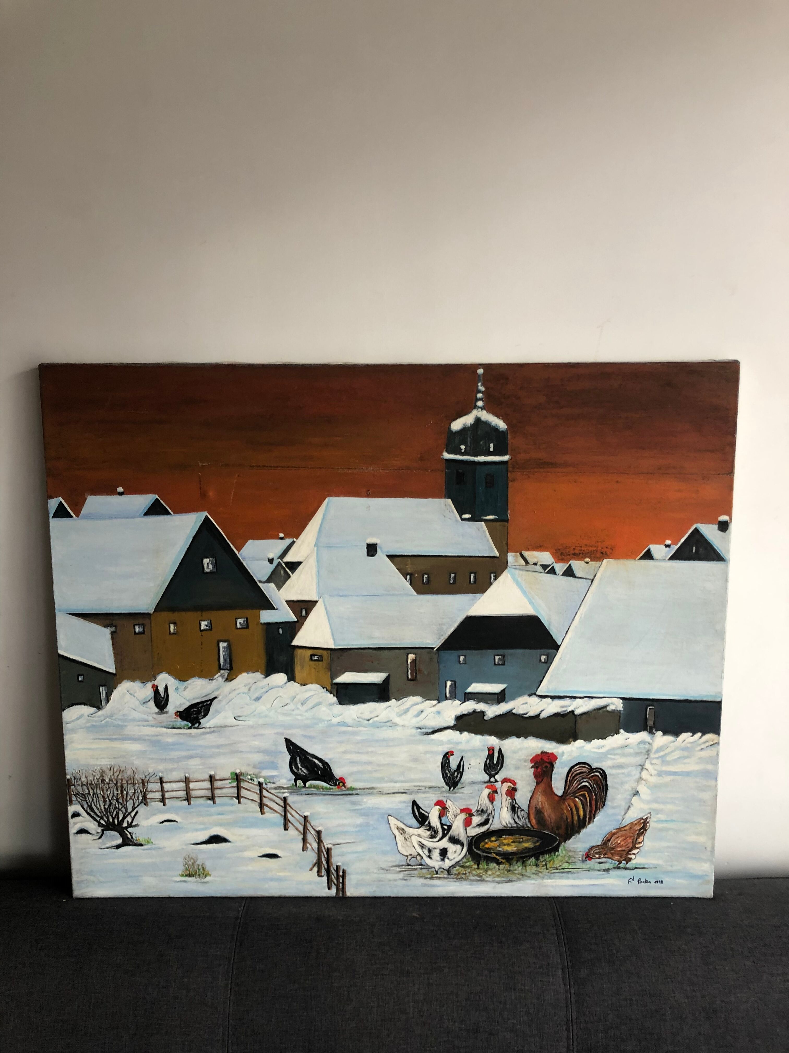 Oil on canvas mountain landscape and snow