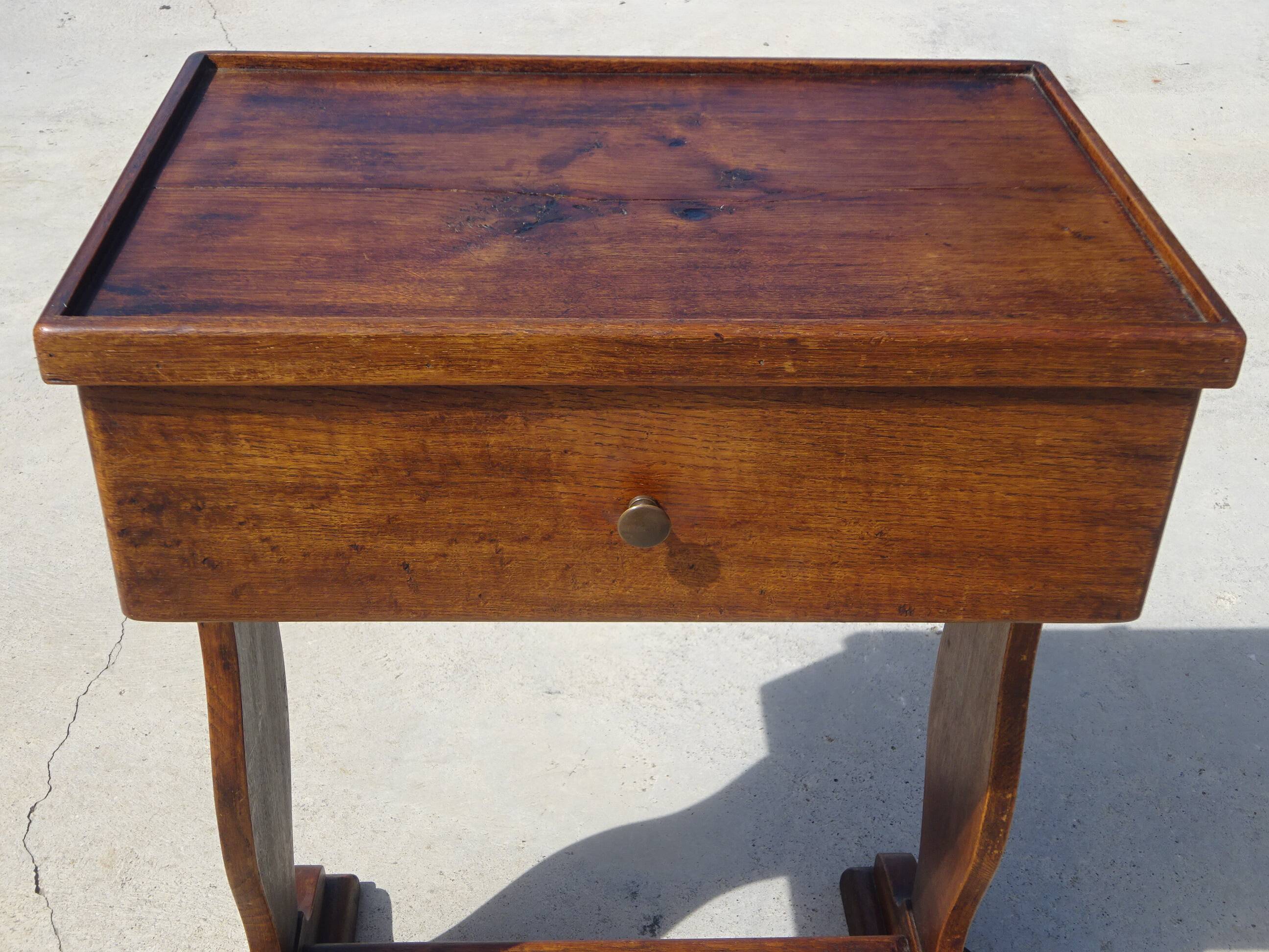 Bolster or end table with drawer, patina