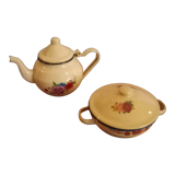 Enameled teapot and sugar bowl