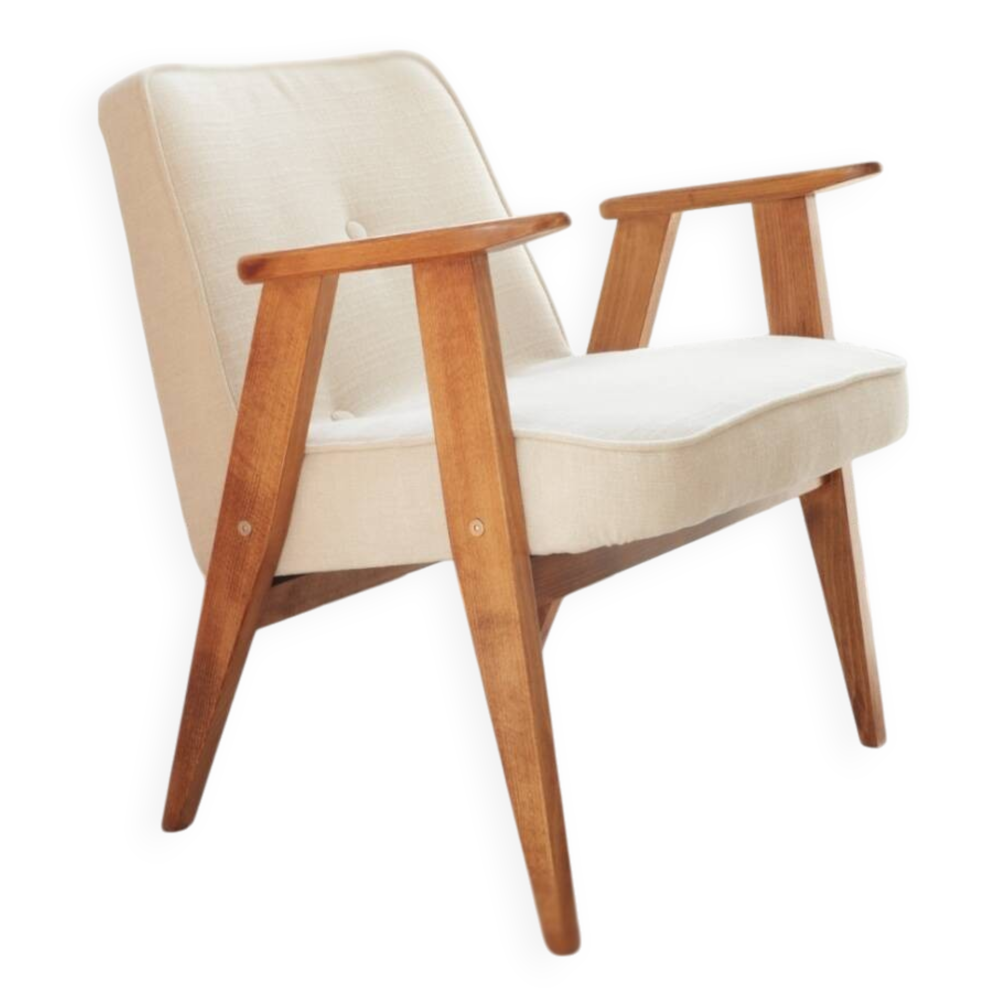 Fauteuil Lounge Vintage Crème Blanche Tissu Bois Naturel Design Scandinave