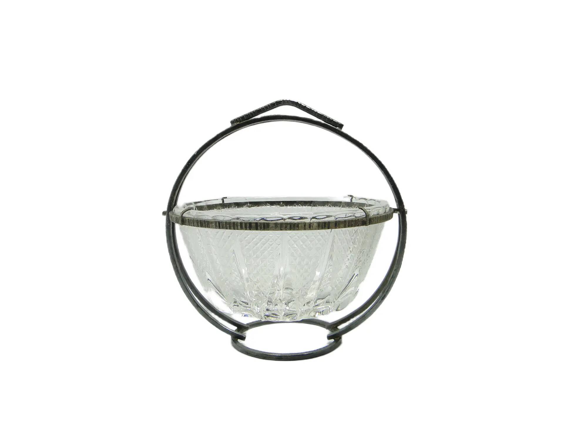 Sugar bowl, mid-century modern, transparent glass, silver-plated brass, Poland, 1960s.