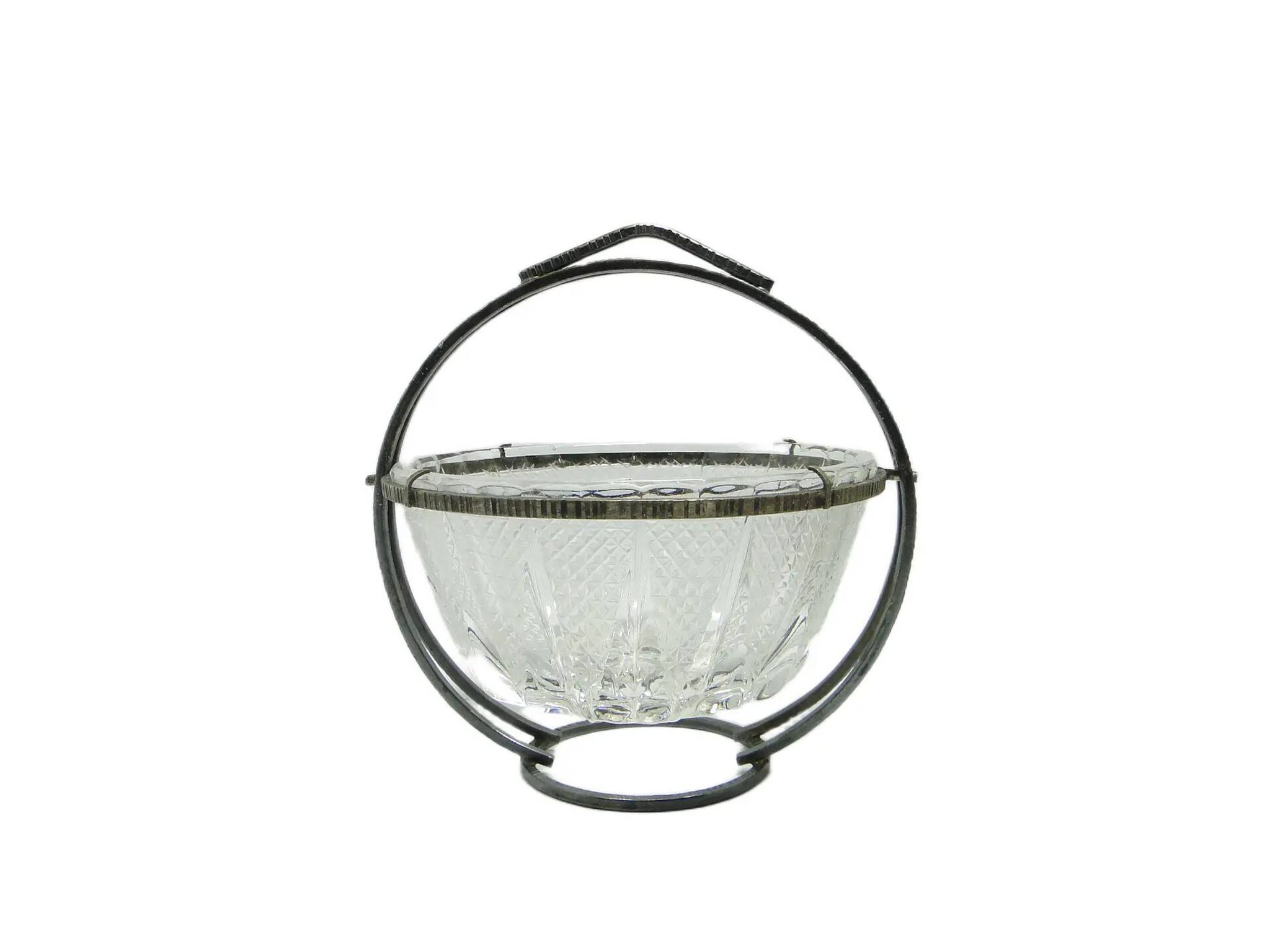 Sugar bowl, mid-century modern, transparent glass, silver-plated brass, Poland, 1960s.