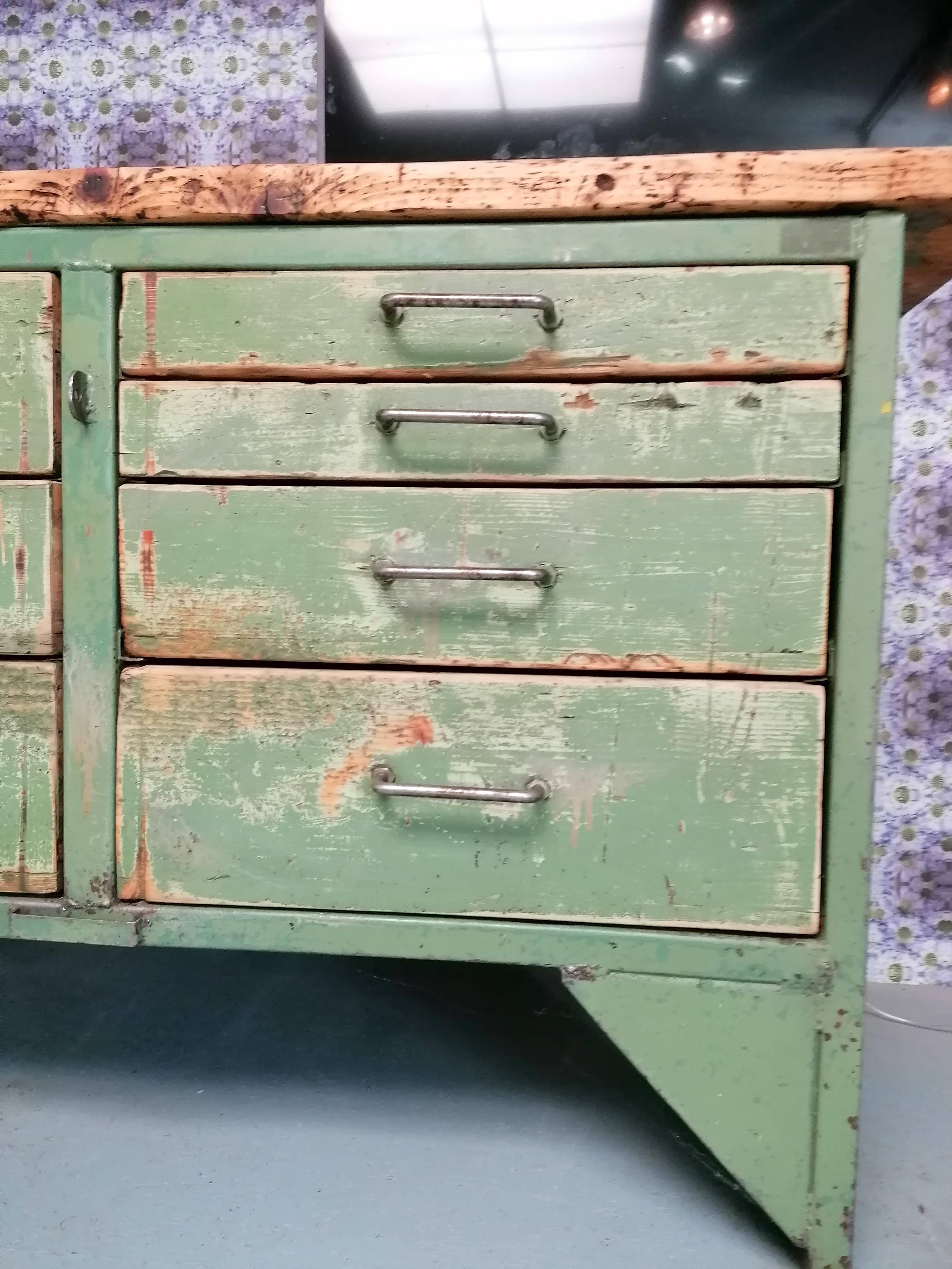 Old wooden garage workbench, industrial vintage.