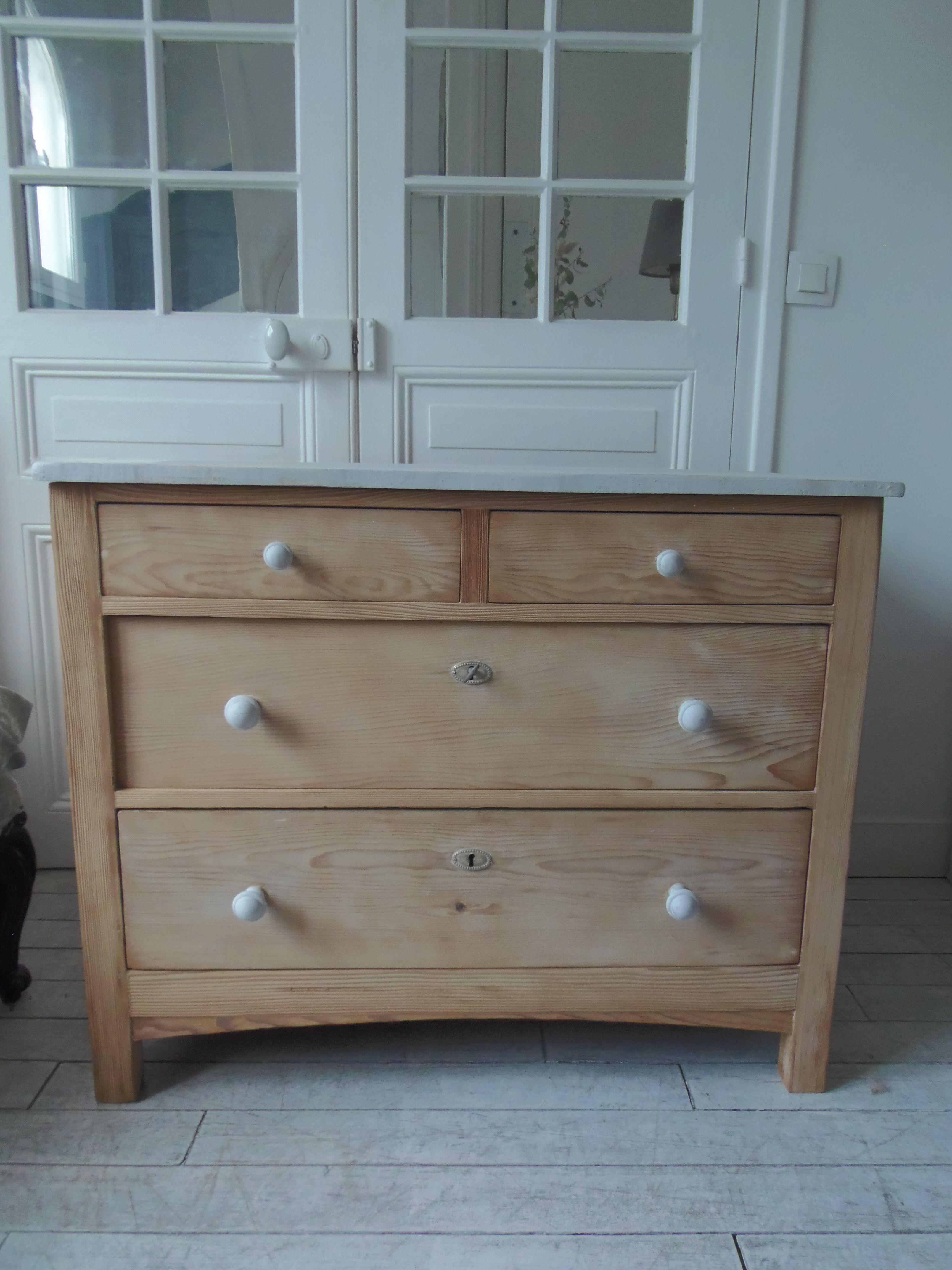 Vintage raw pitchpin chest of drawers, pearl grey patinated drawer tray buttons