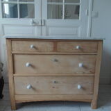 Vintage raw pitchpin chest of drawers, pearl grey patinated drawer tray buttons