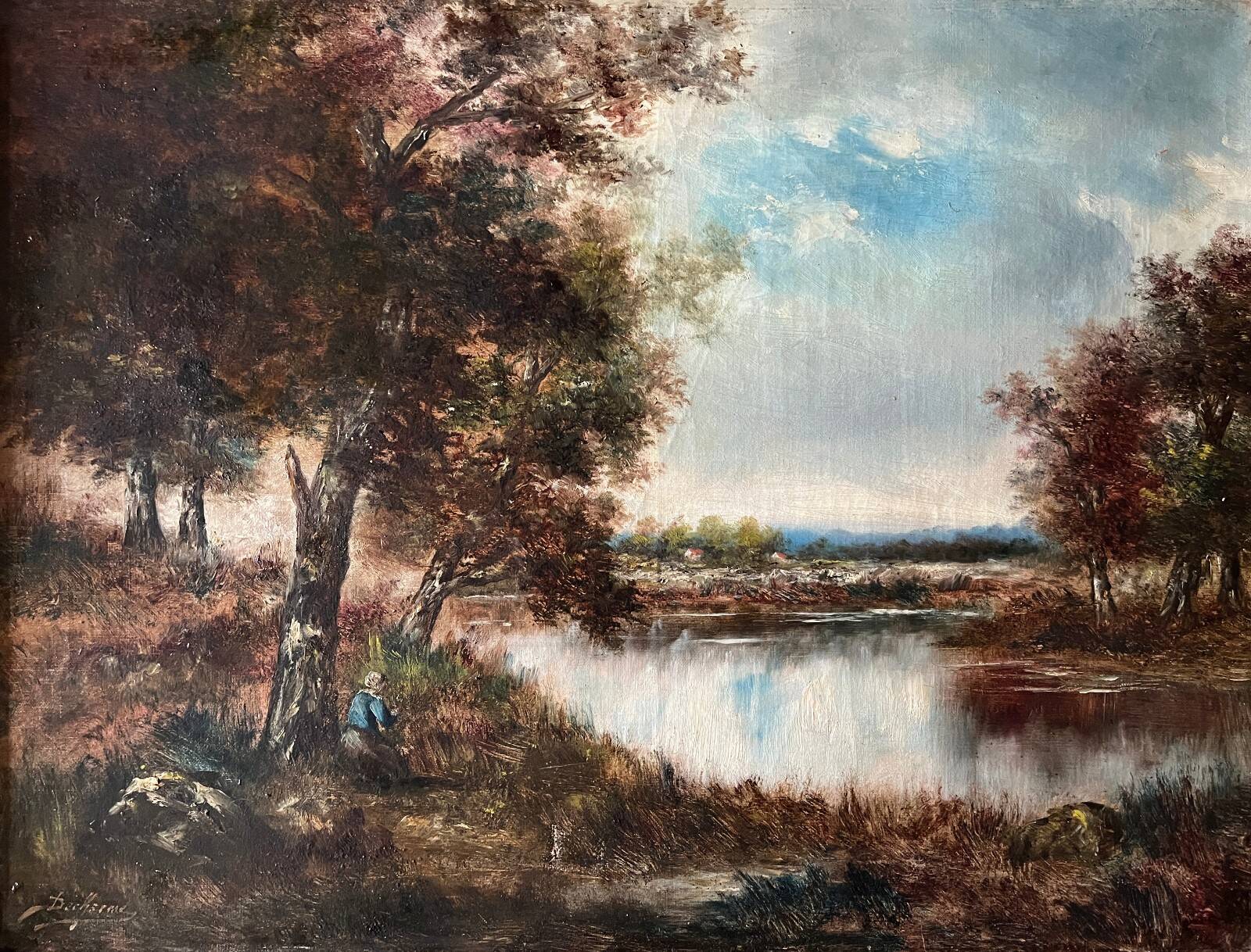 Tableau HST "Animated Lakeside Landscape" by Barbizon school, signed Décharme.