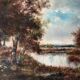 Tableau HST "Animated Lakeside Landscape" by Barbizon school, signed Décharme.