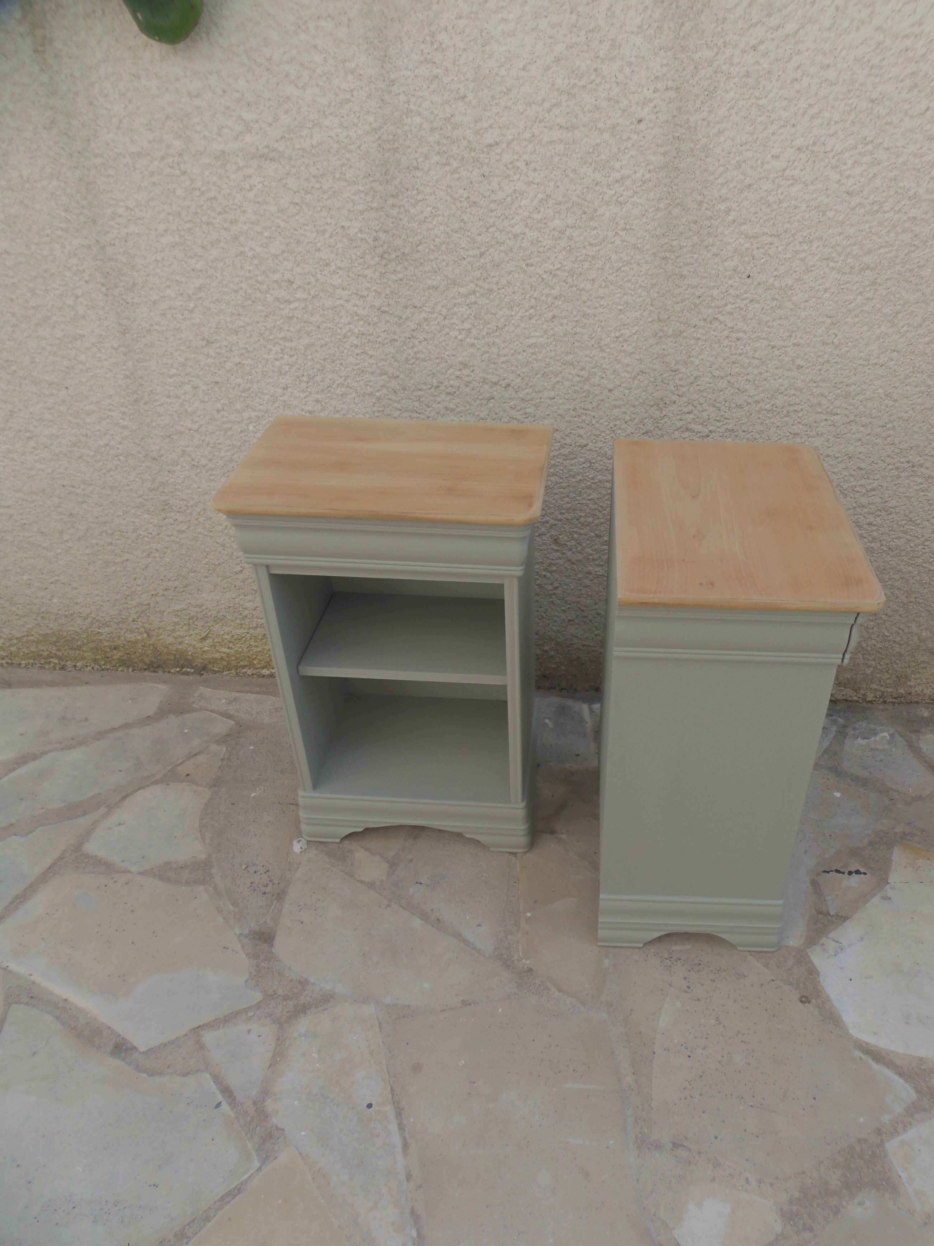 2 Louis Philippe style bedside tables reimagined in grey-green, wooden top.