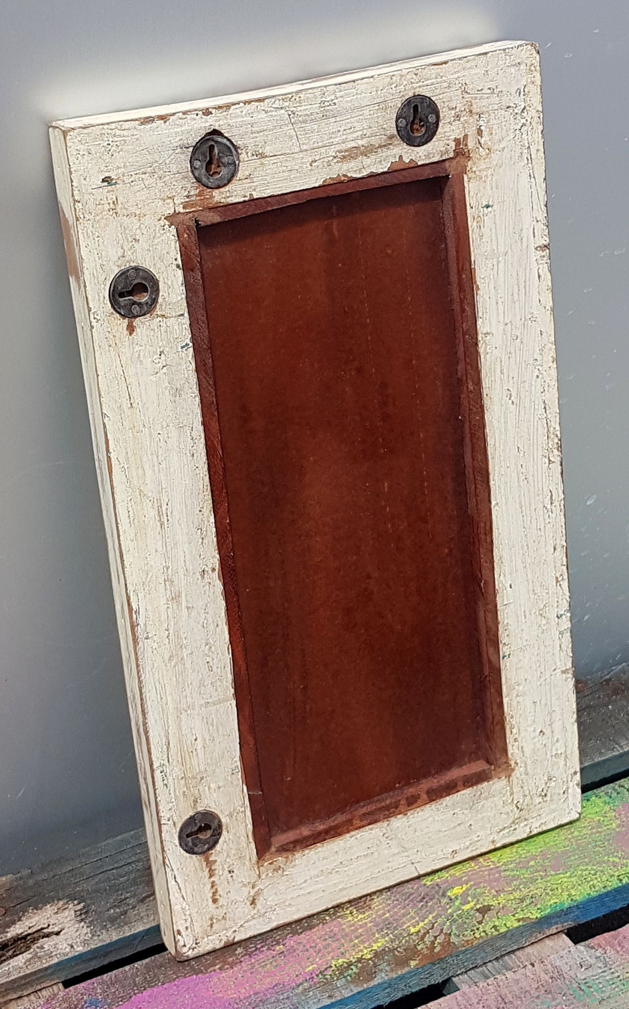 Miroir blanc casse bois vieux teck patine