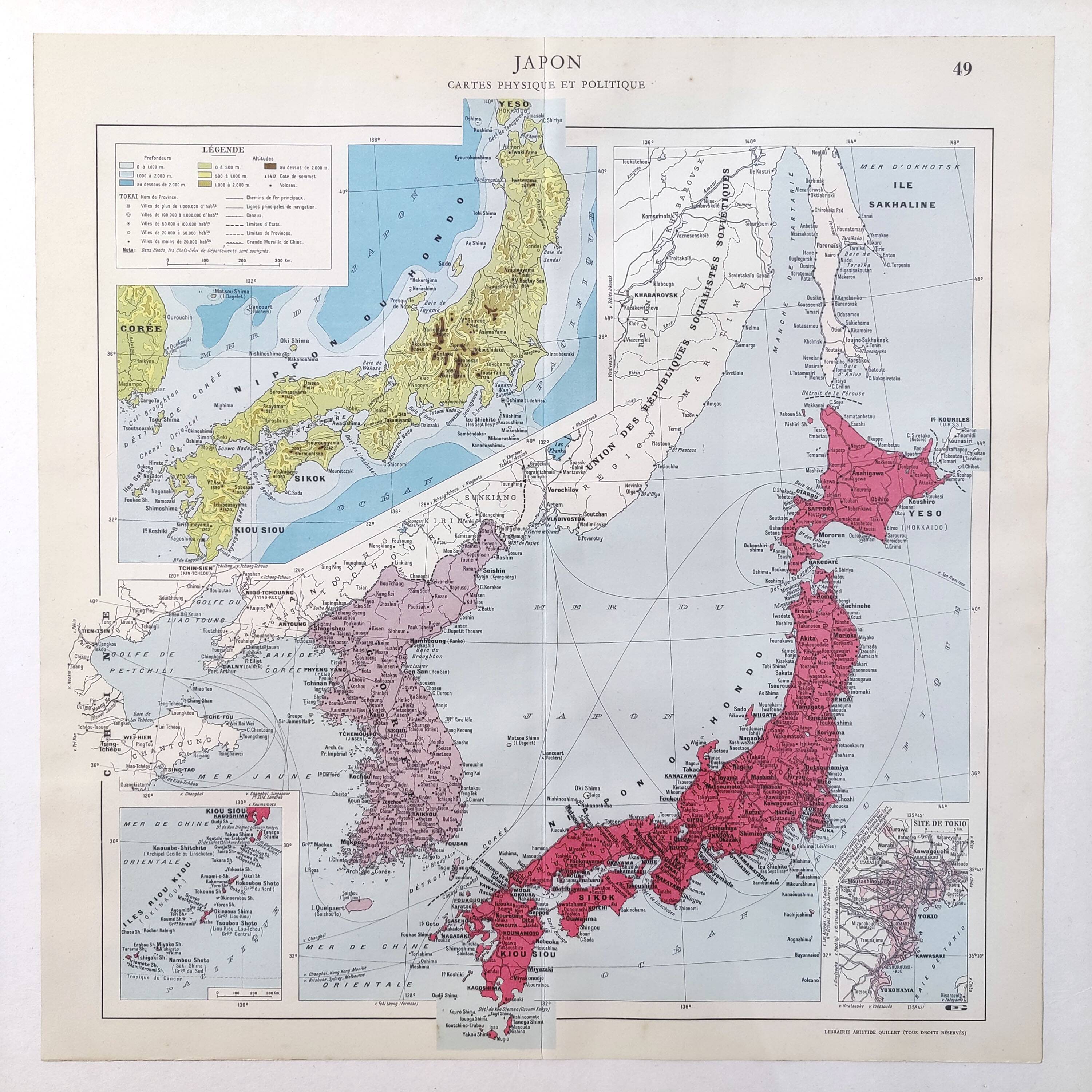 Vintage map Japan Korea 43x43cm from 1950