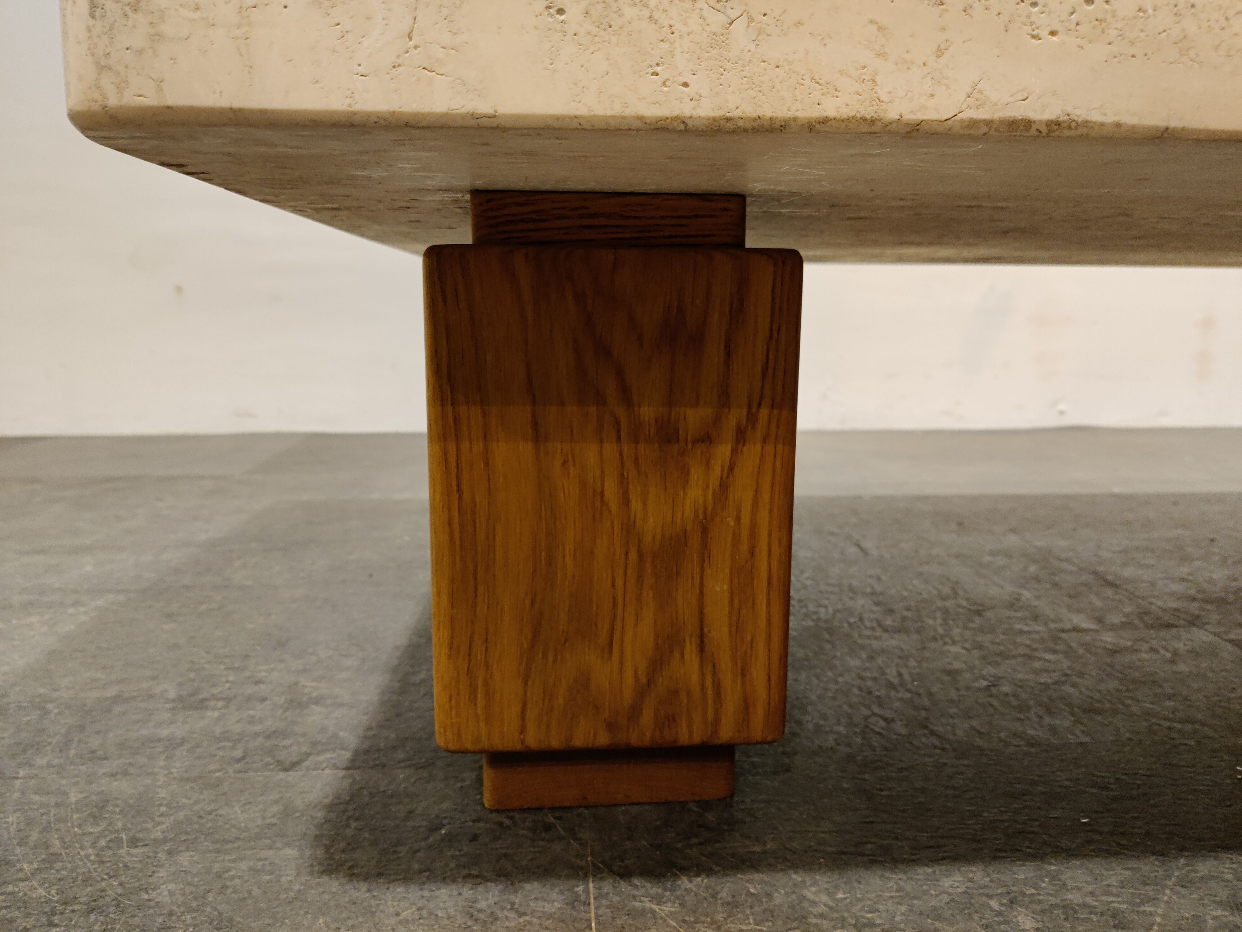 Vintage travertine and wooden coffee table, 1970s
