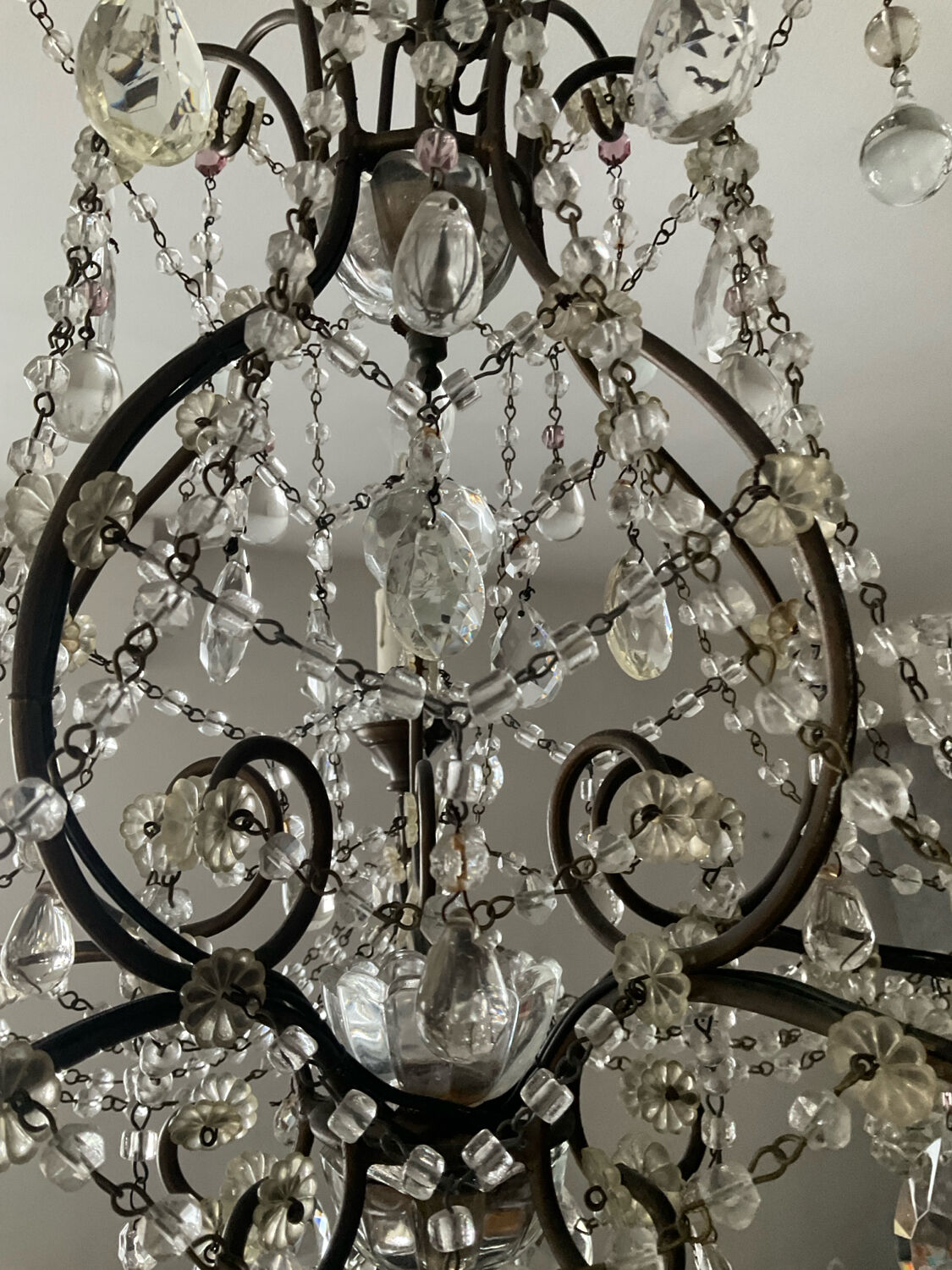 Antique cage chandelier with rock crystal pendants