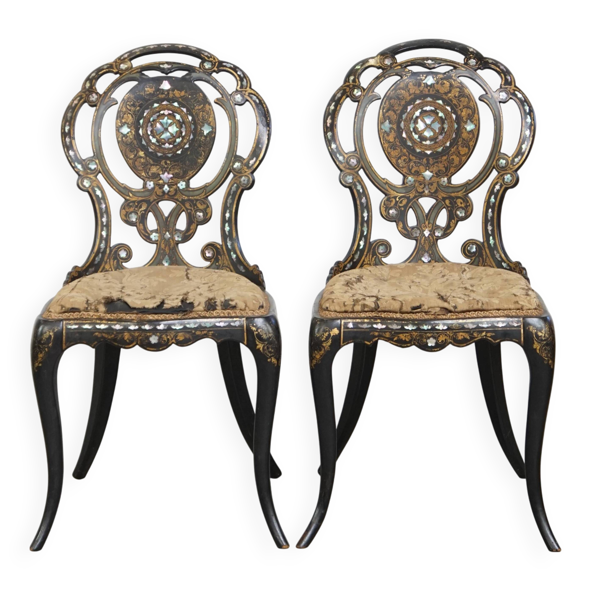 Set of 2 Antique 19th Century English Chinoiserie Mother of Pearl Chairs