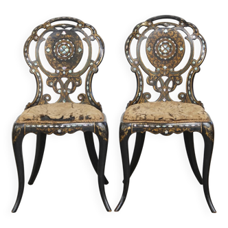 Set of 2 Antique 19th Century English Chinoiserie Mother of Pearl Chairs