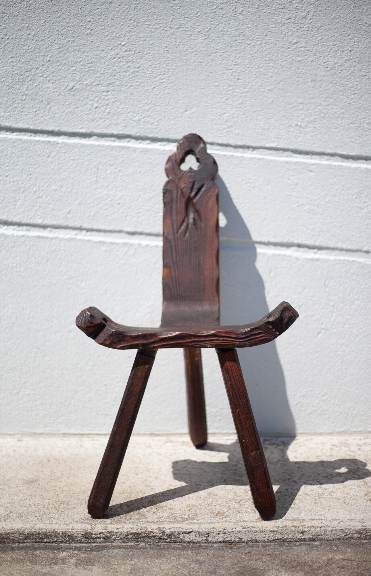 Brutalist wooden chair, tripod chair, Spanish chair