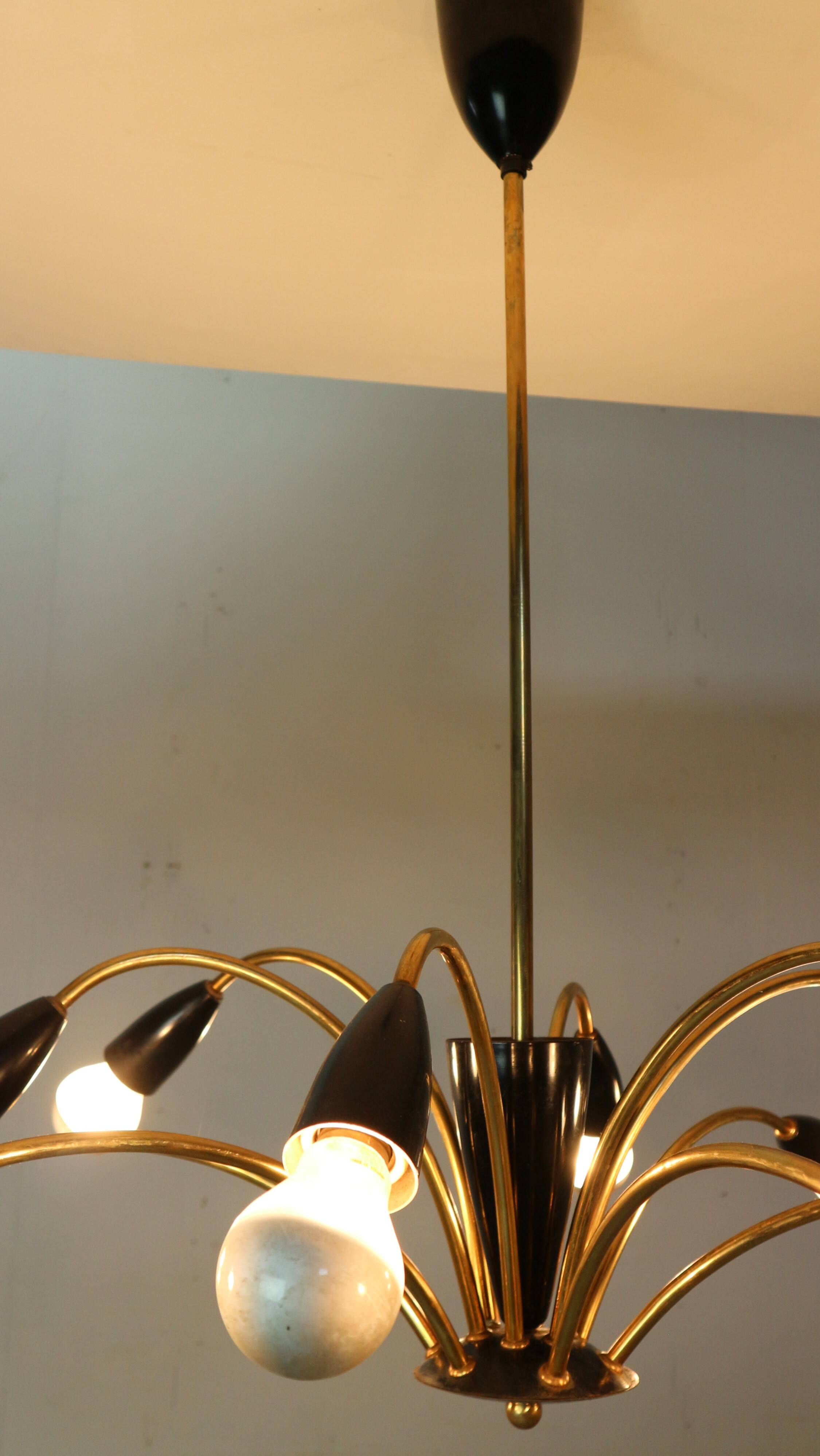 Italian Black and brass 12 arm Spider Chandelier  1950s