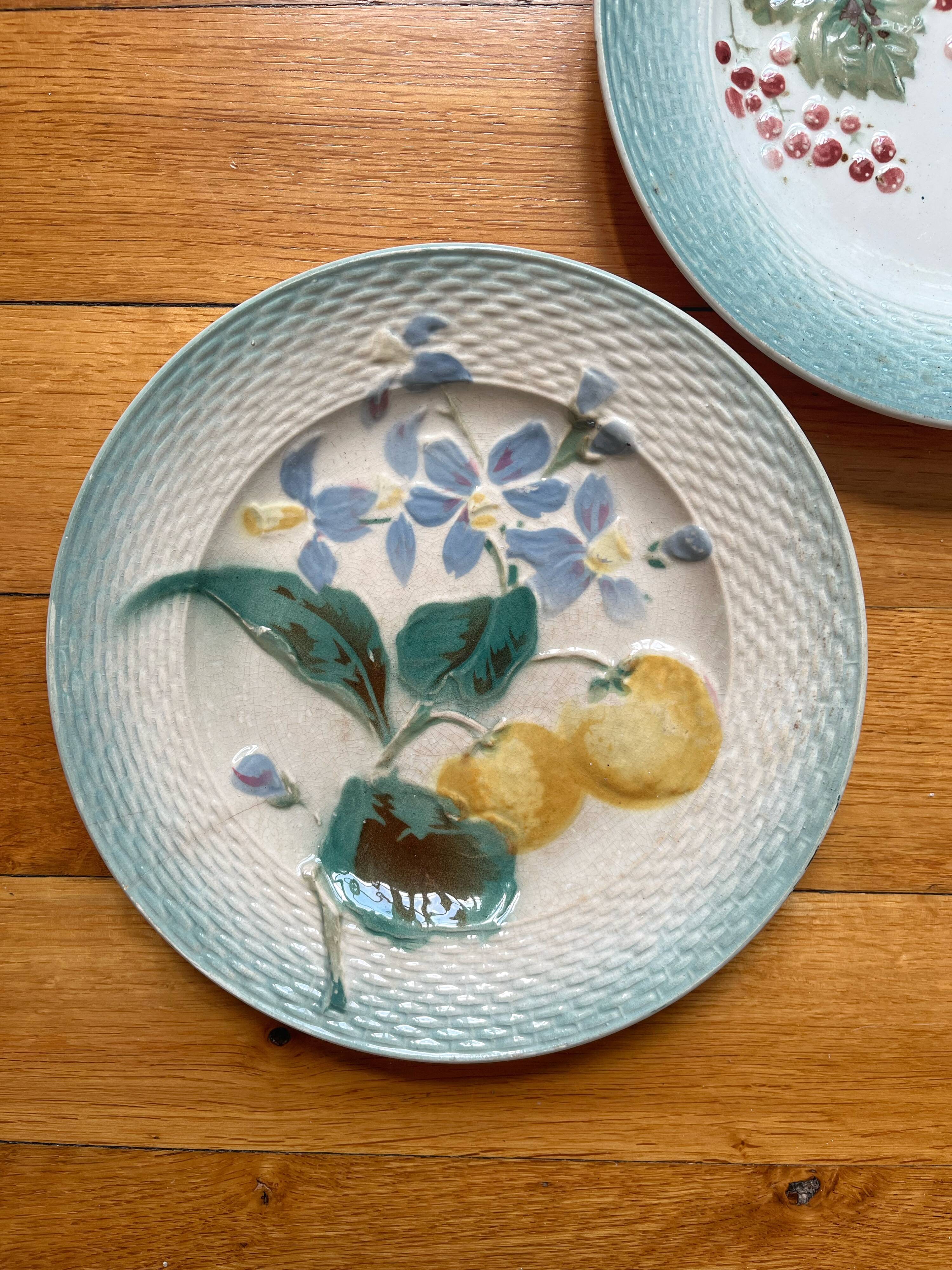 2 antique dessert plates in fruit slip Saint Amand and Hamage