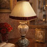 Lampada da Tavolo Vintage in Ceramica dipinta a mano e Velluto Bordeaux