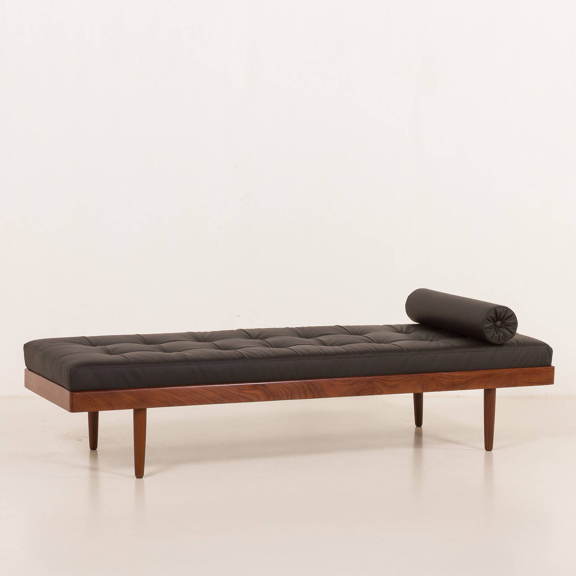 Danish mid century teak daybed in black leather, 1960s