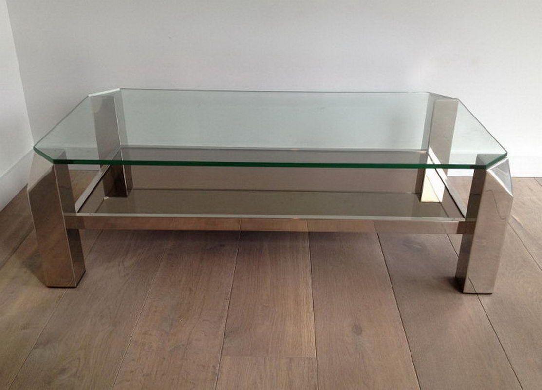 Table basse chromée à plateaux de verre et miroir
